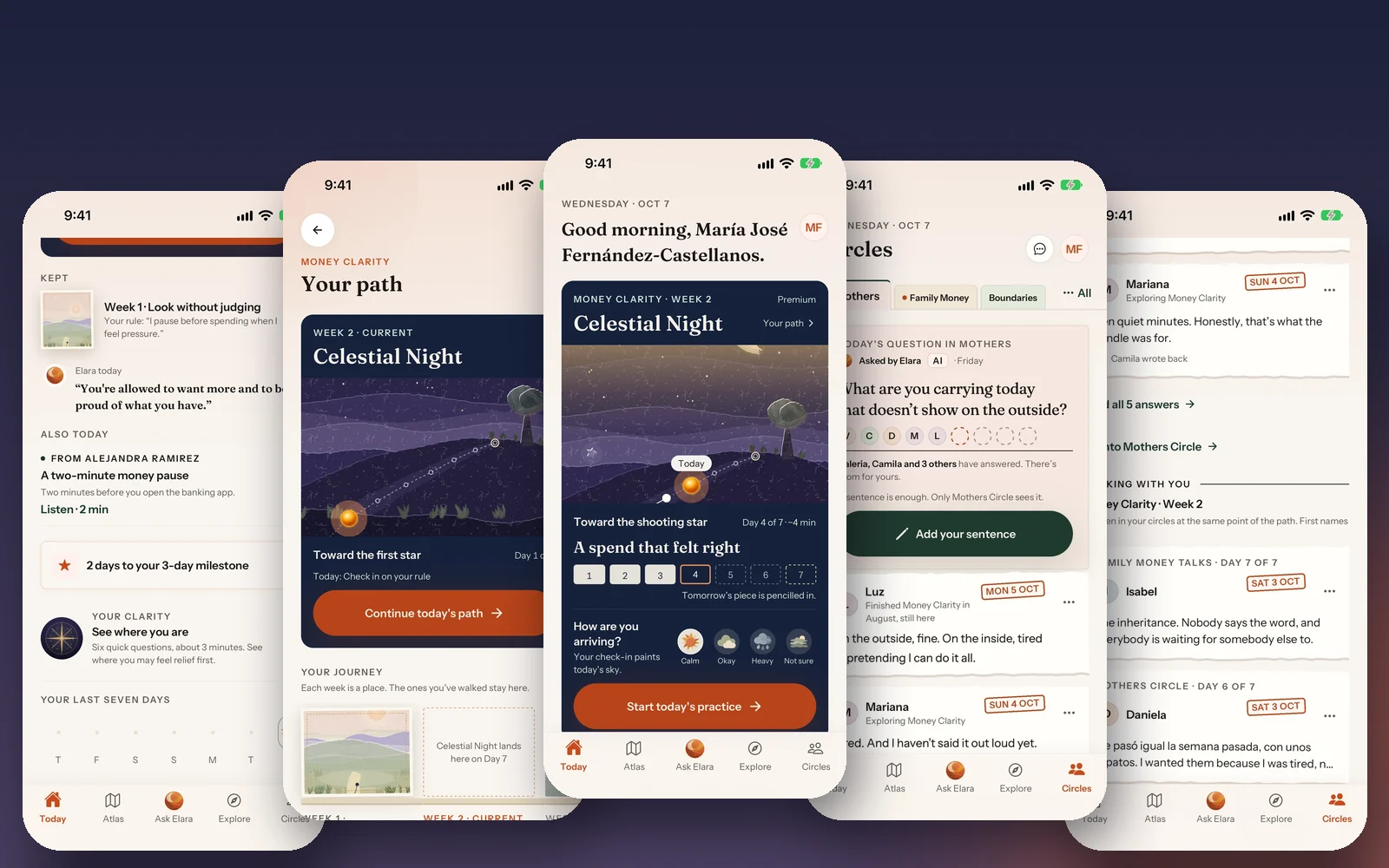 Elara app: What you keep, Your path, Today, and Circles screens