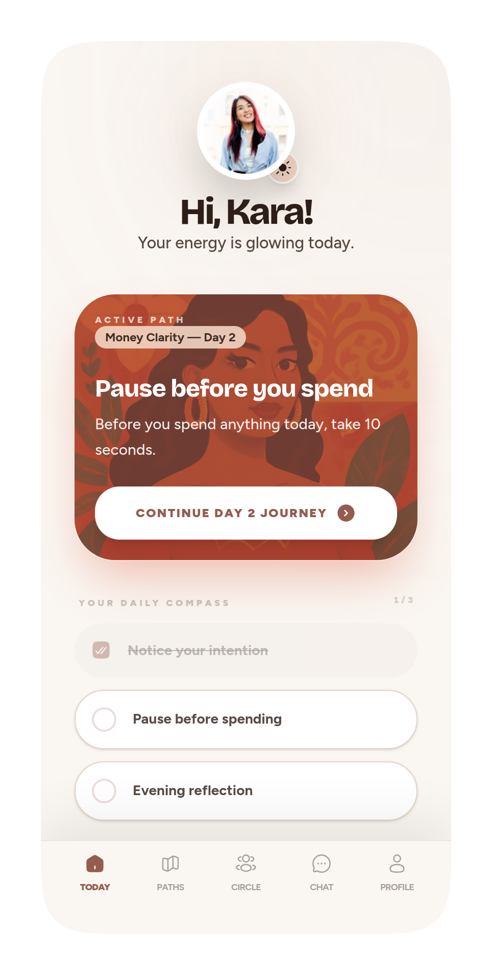 Elara app — daily emotional-clarity screen
