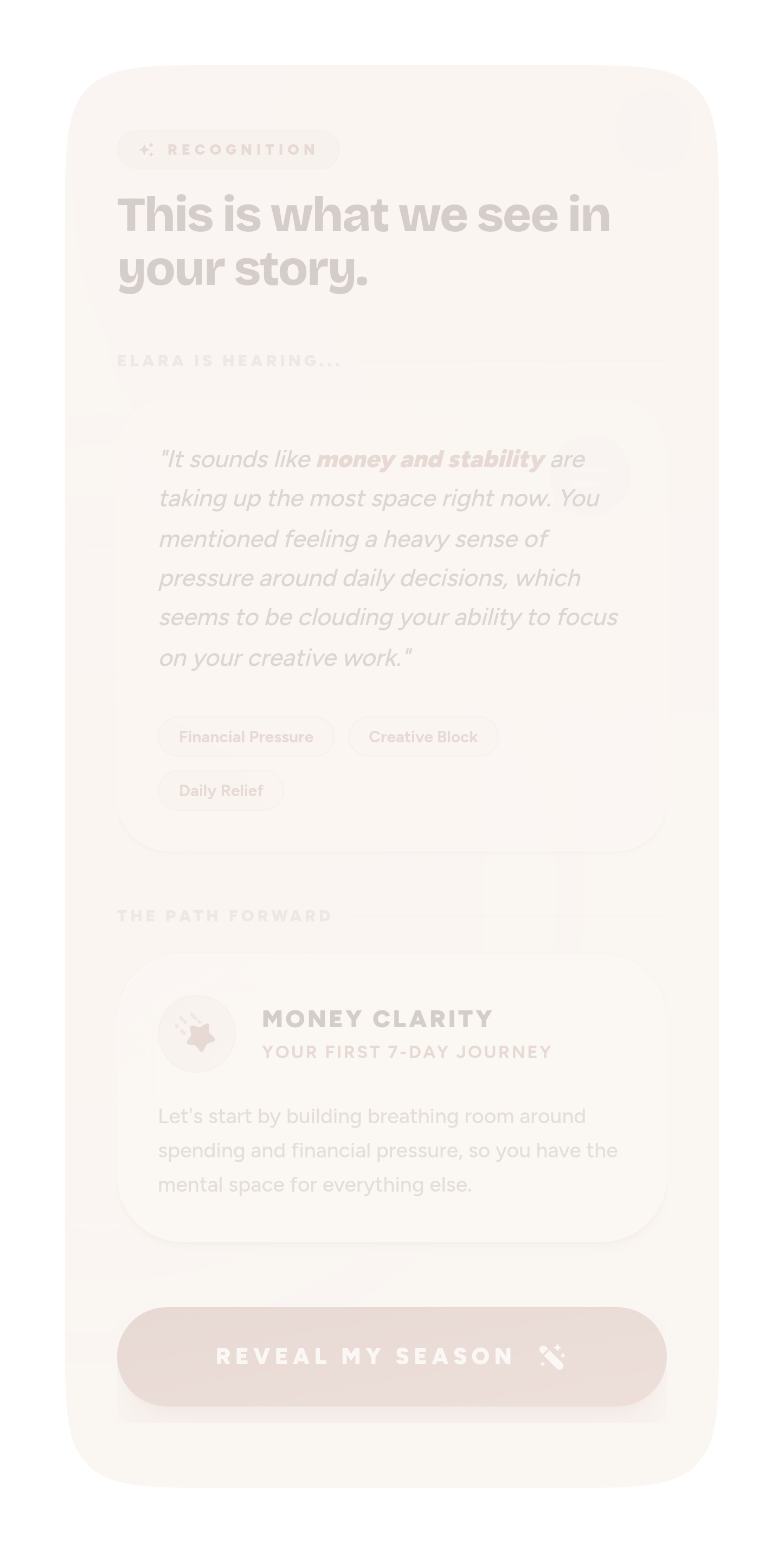 Elara onboarding summary — reflecting back her season of life