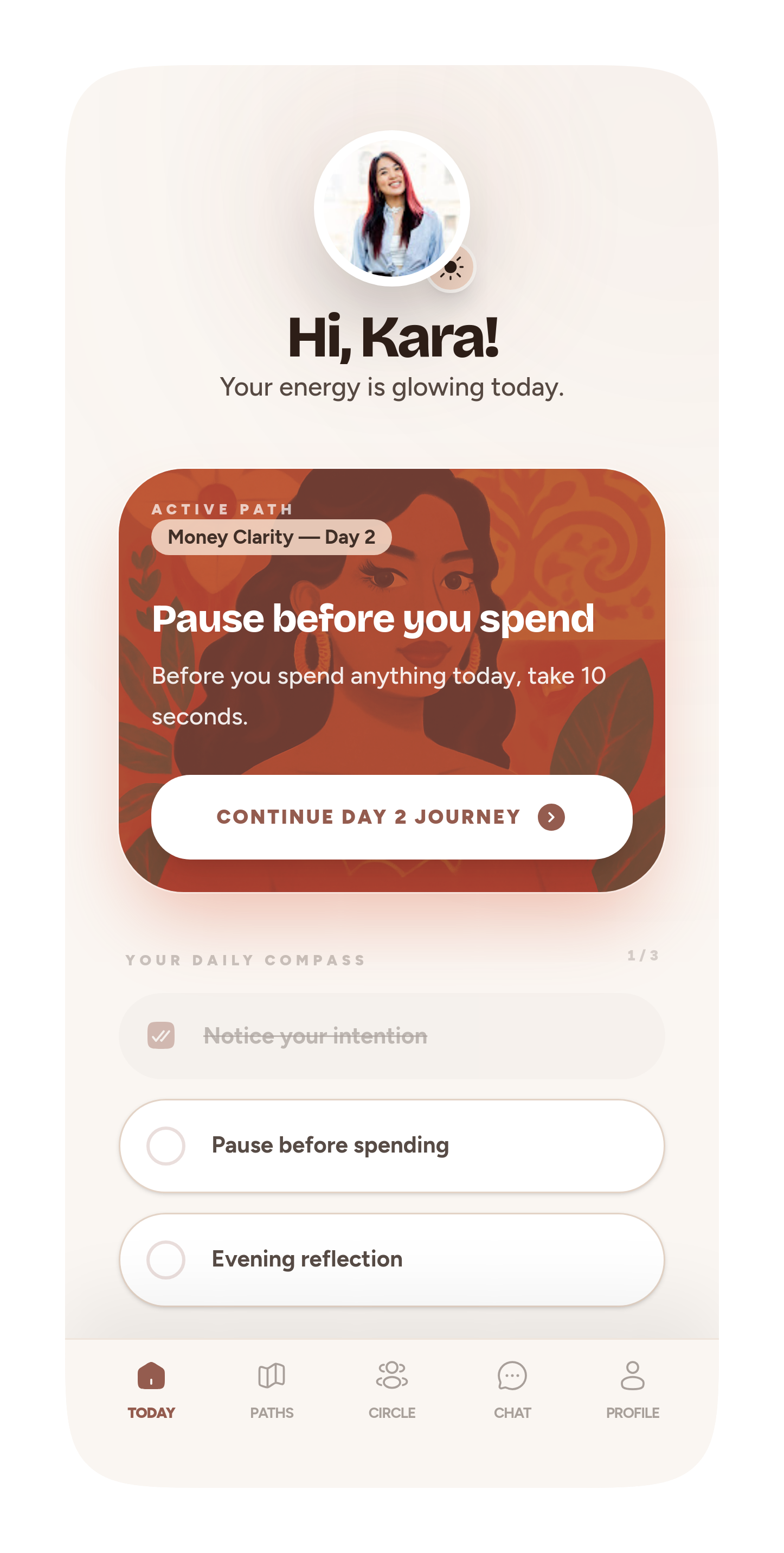 Elara Today screen — personalized daily compass with an active Path and daily reflections
