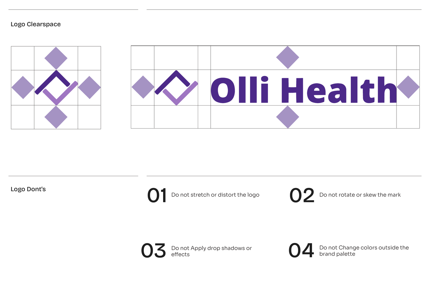 Olli brand deck, logo construction page, geometric folded mark on a grid with clearspace