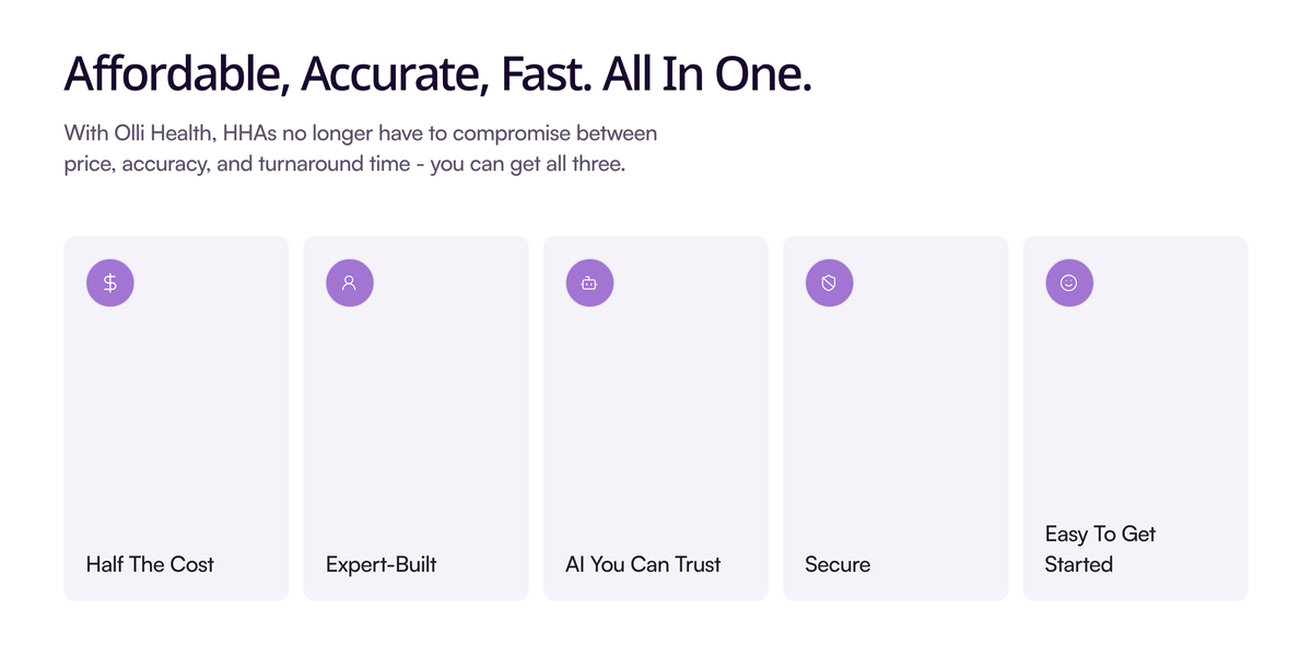 Live Olli site value section: Affordable, Accurate, Fast — Half the Cost, Expert-Built, AI You Can Trust, Secure, Easy to Get Started