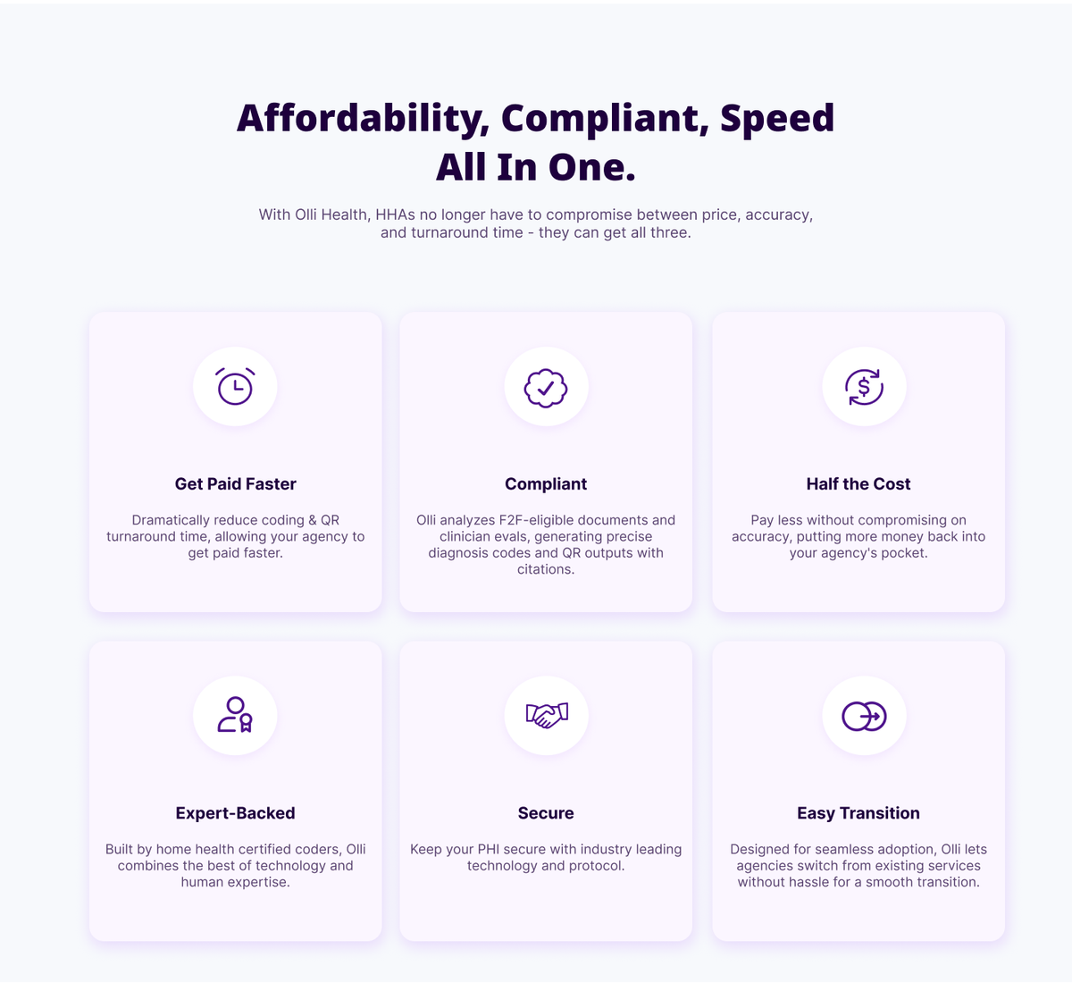 2023 Olli site value grid: get paid faster, compliant, half the cost, expert-backed, secure, easy transition