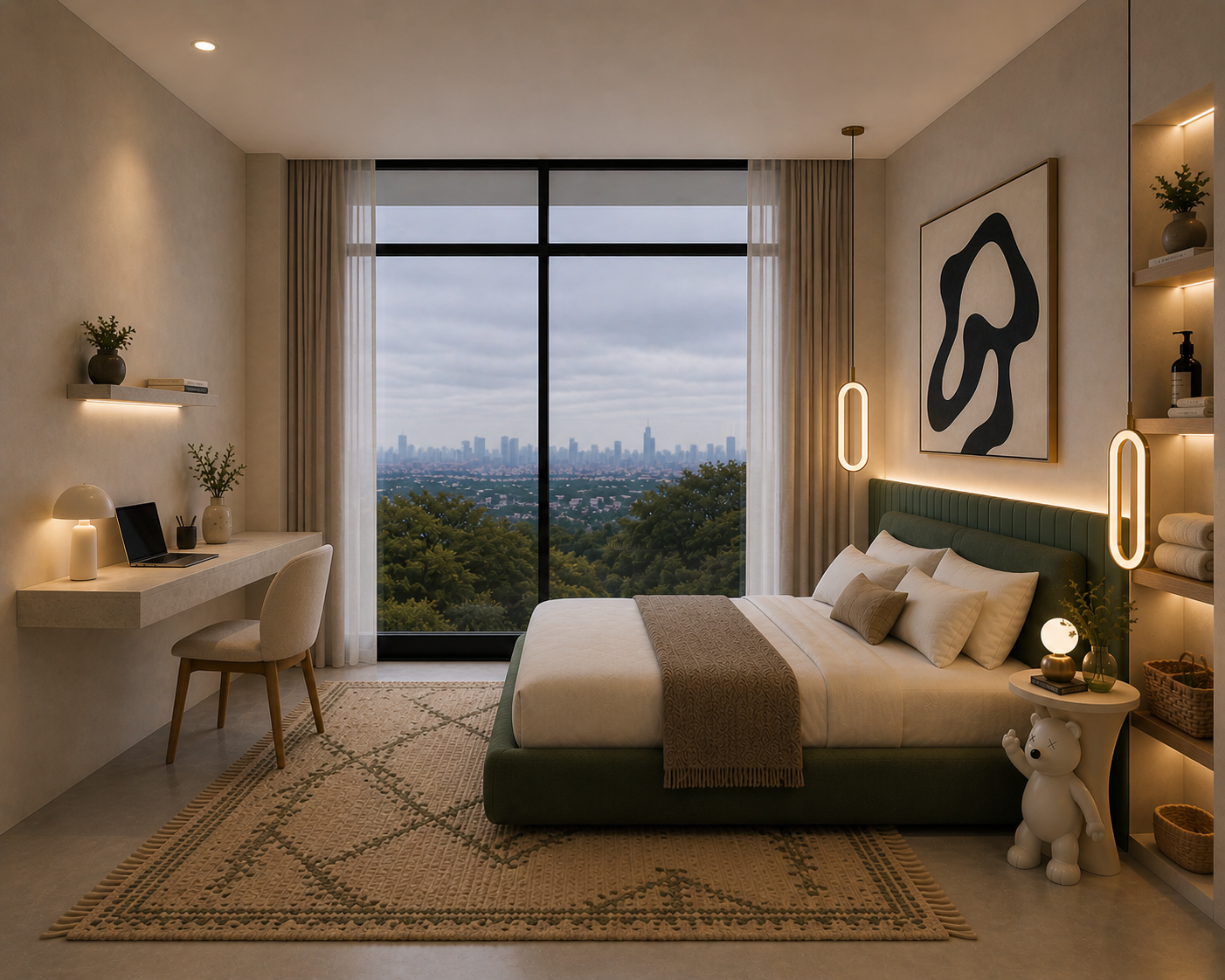 Bedroom variation B, swivel chair, line-art artwork, full window