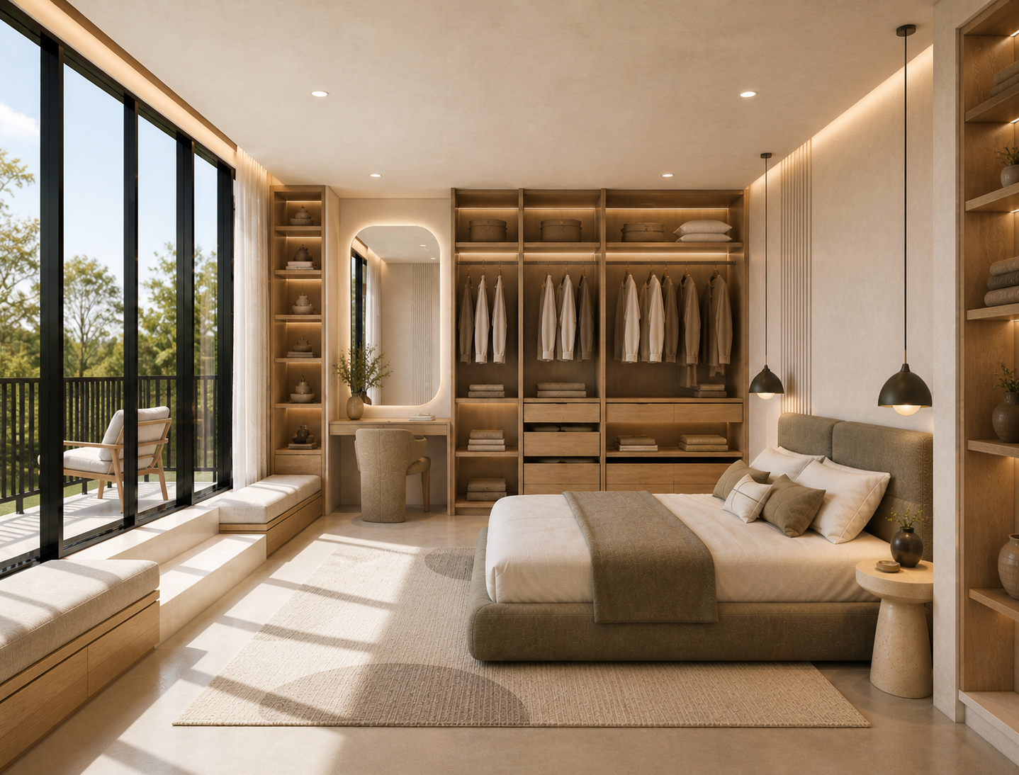Mezzanine bedroom with built-in walk-in wardrobe and balcony