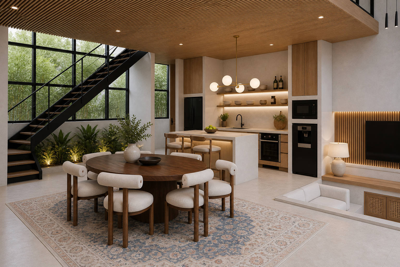 Ground floor, round dining table, kitchen island, floating staircase