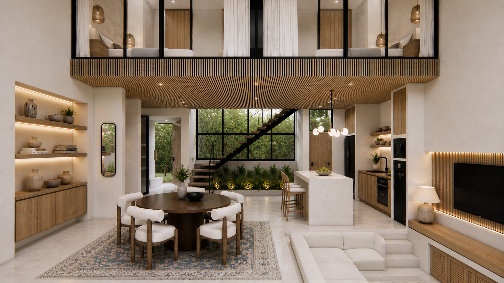 Ground floor, dining and kitchen looking up to the mezzanine bedrooms