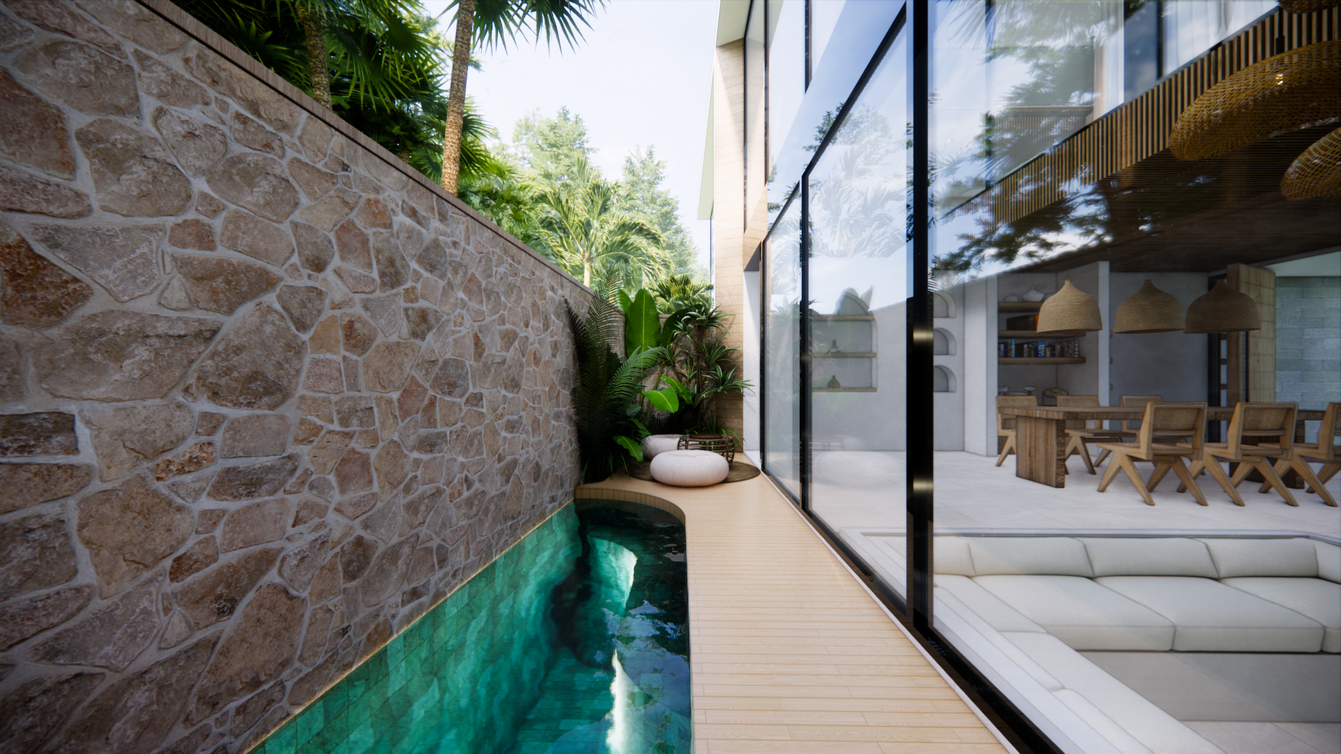Shakiro Villas, side garden, plunge pool and glass-walled living room