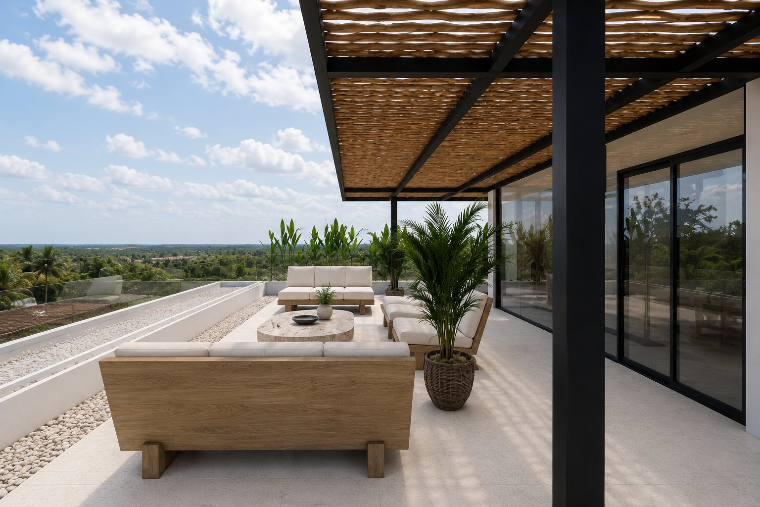 Rooftop terrace with rattan-screen pergola and panoramic Pererenan view