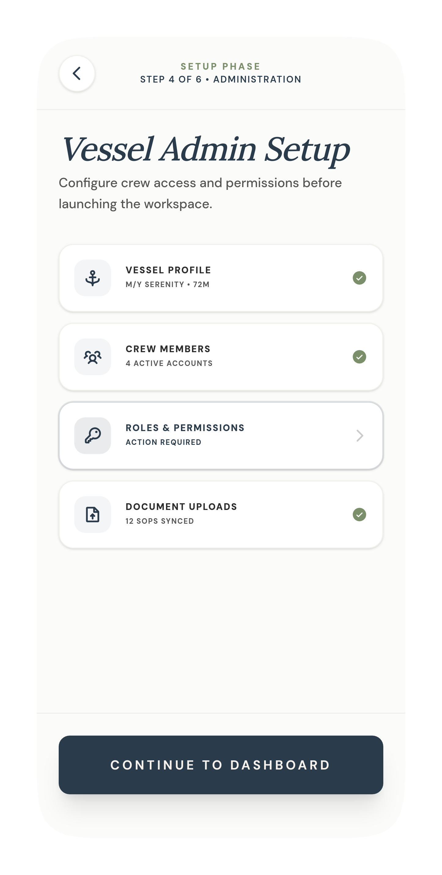 Stewwell vessel admin setup — step 4 of 6, vessel profile, crew members, roles and permissions, document uploads