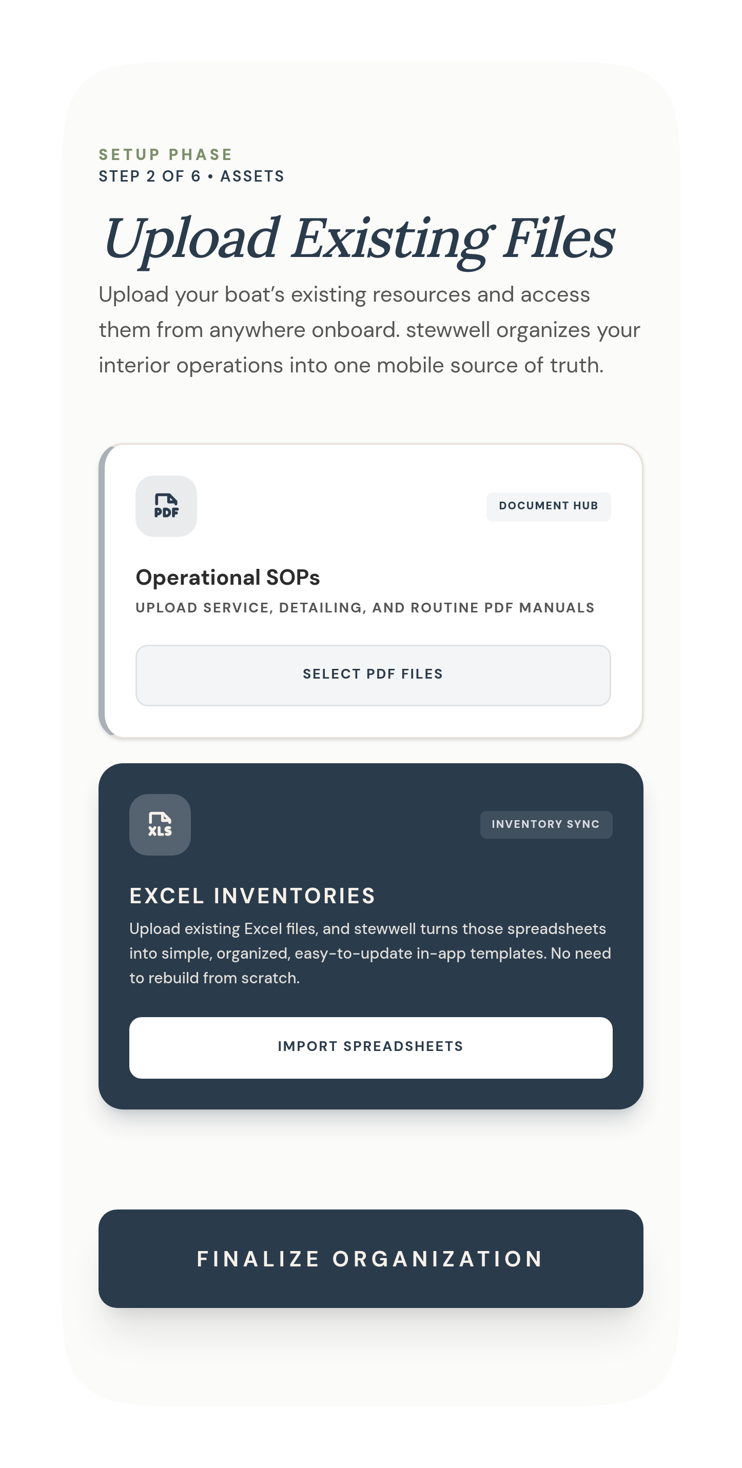 Stewwell upload existing files — operational SOPs as PDF, Excel inventories imported directly, no rebuilding from scratch