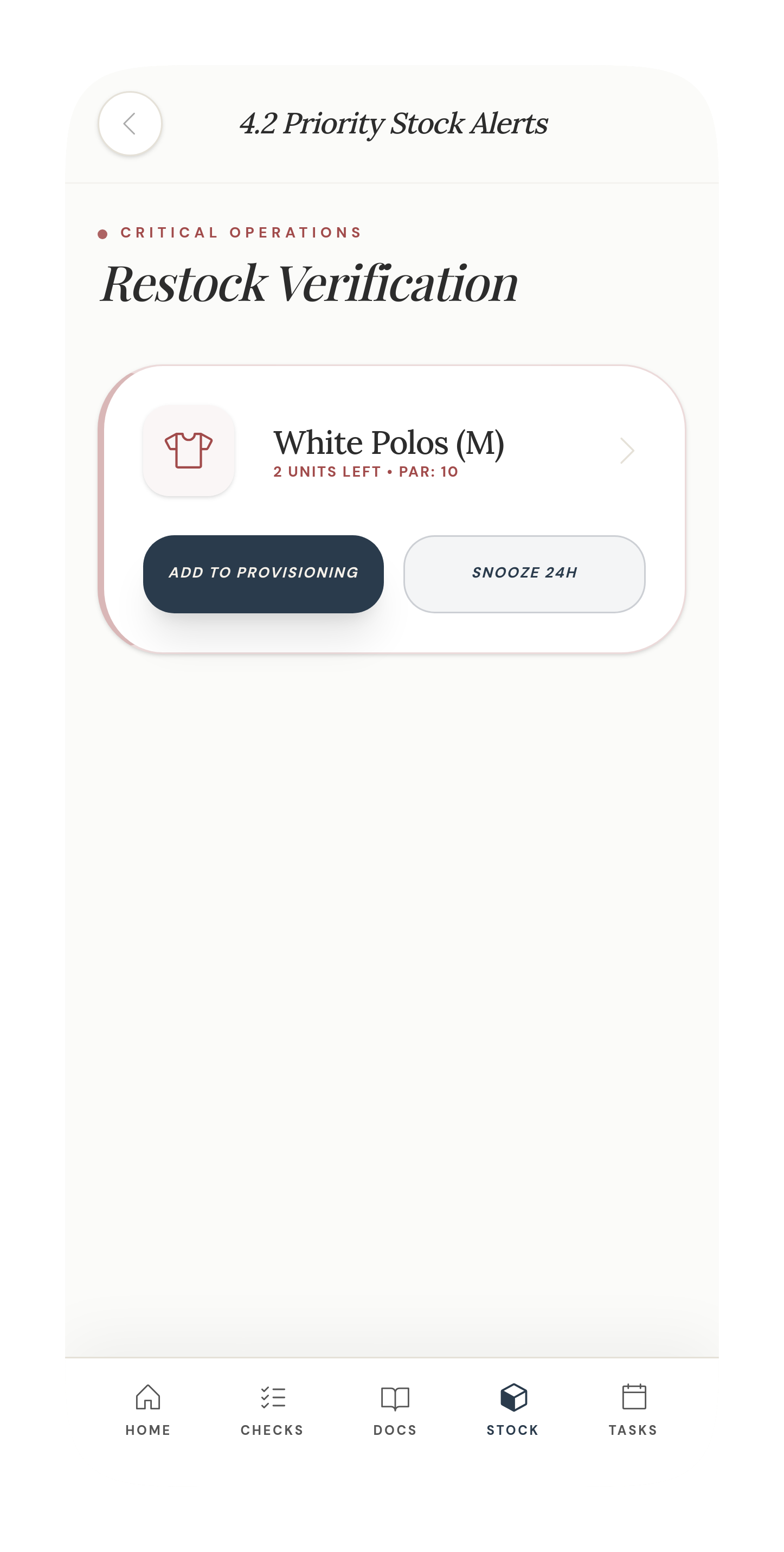 Low-stock alert — White Polos at 2 units against a par of 10, with add-to-provisioning and snooze actions