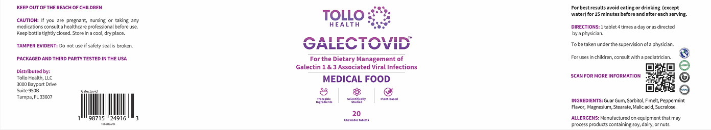 Original Galectovid label artwork, white background, purple Tollo Health and Galectovid wordmarks, full regulatory copy